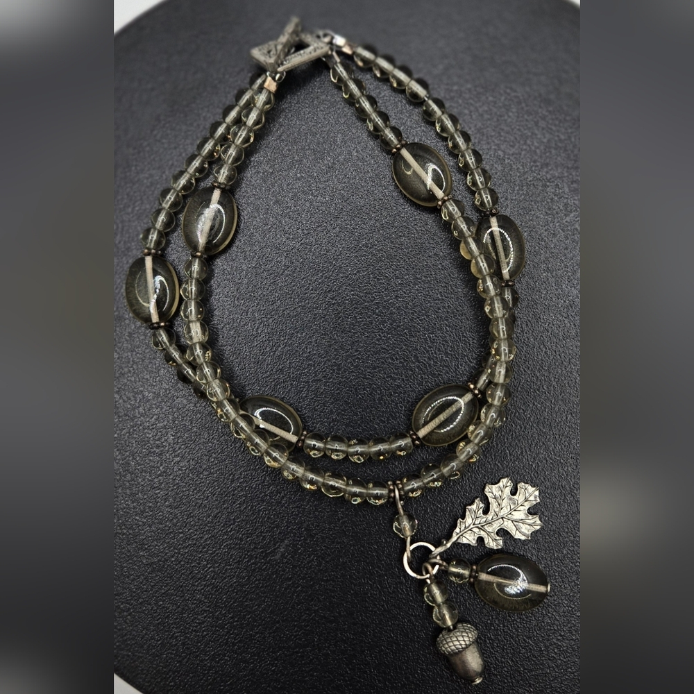 🍁 Double-Strand Bracelet Smoky Glass w/ Oak Leaf & Acorn Charms Toggle Clasp